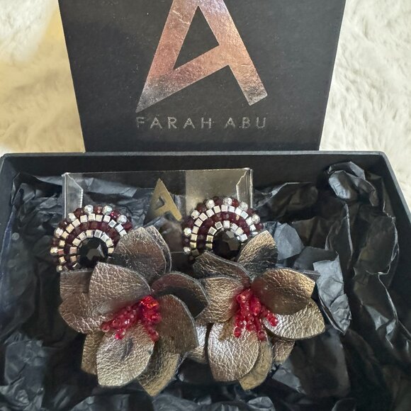 Farah Abu Statement Floral Earrings with Leather Petals and Bead Accents - Picture 2 of 4